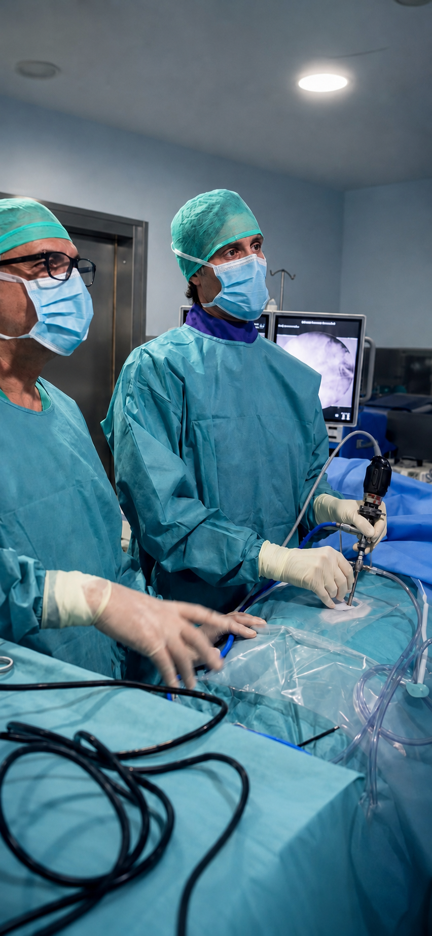 Equipo médico realizando una endoscopia de columna